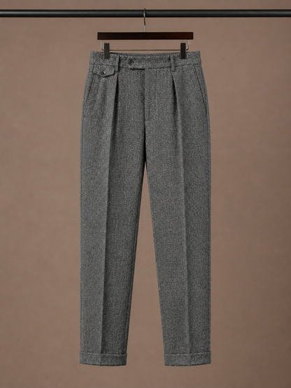 Men's Herringbone Pleated Tailored Trousers Straight Leg Smart Fit - Grey - Hanger View [AI-OPT:5151c376-3595-4177-b5cf-06da86fbae89]