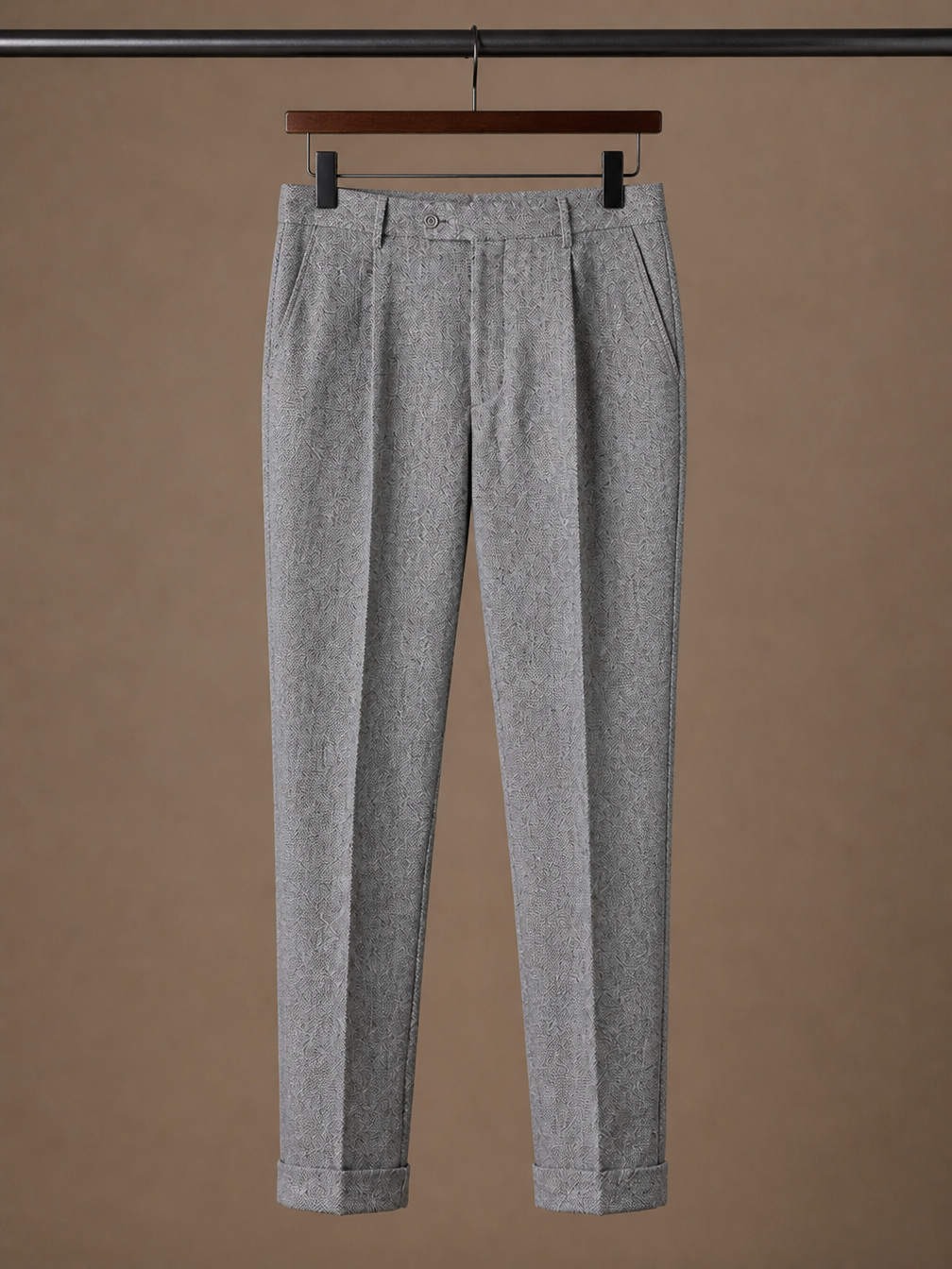 Men’s Tailored Fit Wool Trousers - Slim Fit Knit Pants for Casual Wear and Office - Grey - Hanger View [AI-OPT:b7a08e1a-3c07-4132-800e-64ceb9f0d49e]