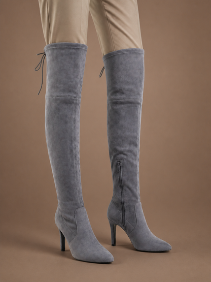 Women's Tall Suede Boots High Heel Over Knee Stylish Boots - Grey - On-Foot View [AI-OPT:af05f22e-2c6d-4735-bbec-c9ea6488ef25]