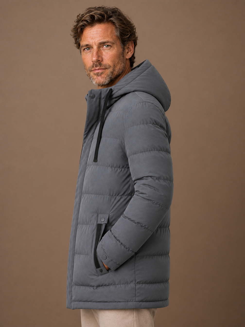 Men's Long Hooded Puffer Jacket Insulated Winter Coat - Grey - Side View [AI-OPT:800f7a14-f32f-45e4-96f8-3b7a0fc293fb]