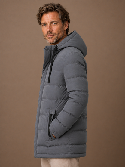 Men's Long Hooded Puffer Jacket Insulated Winter Coat - Grey - Side View [AI-OPT:800f7a14-f32f-45e4-96f8-3b7a0fc293fb]