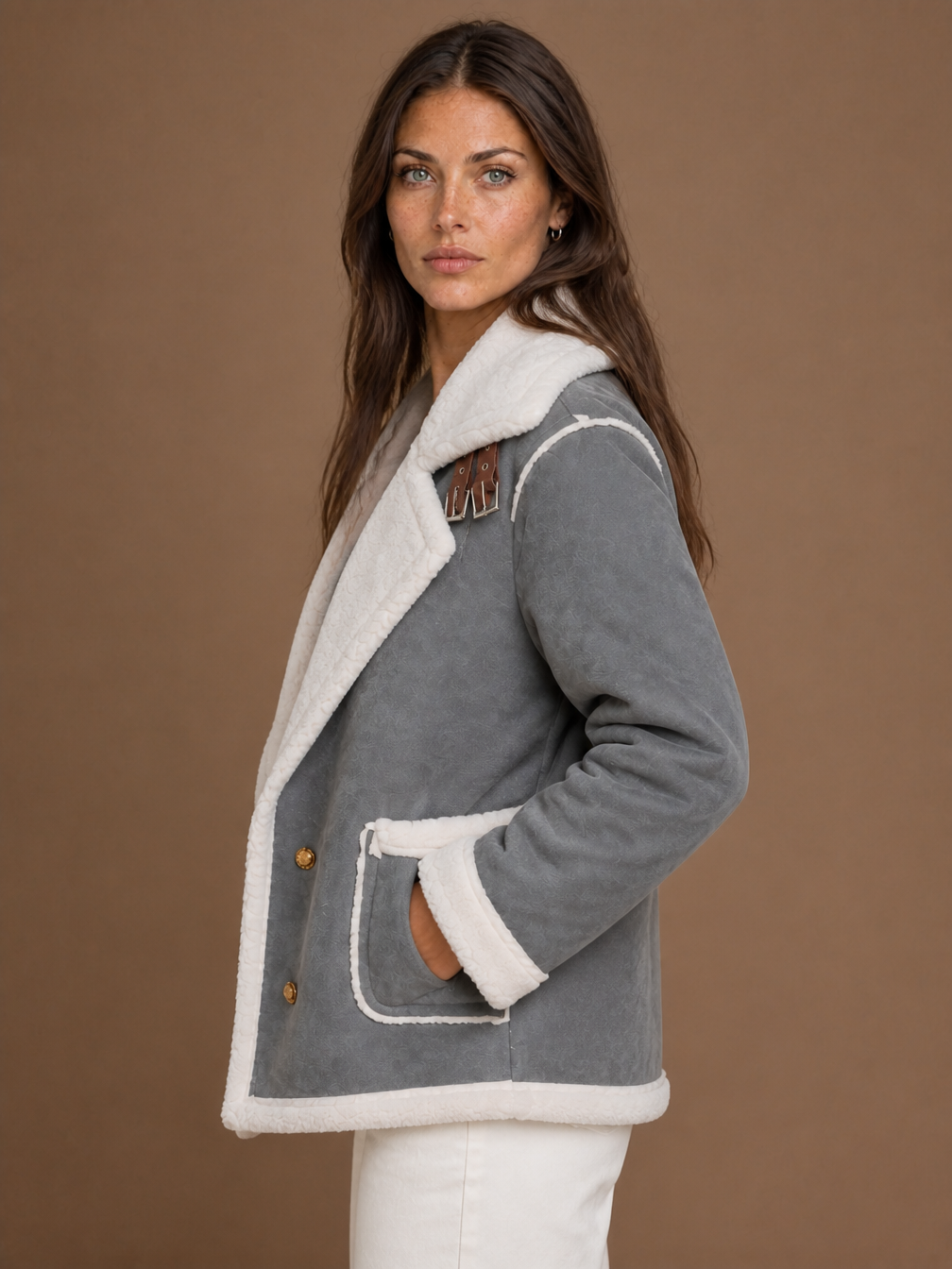 Women's Aviator Jacket with Signature Collar, Zip Front and Tailored Fit - Grey - Side View [AI-OPT:4fc7a218-6f48-4127-bfe1-6a528135c8aa]