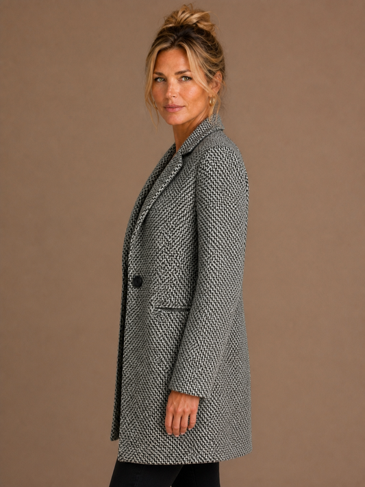 Women's Long Wool Coat - Longline Relaxed Fit V-Neck One-Button Winter Coat - Grey - Side View [AI-OPT:4b4a4220-b2bd-432c-8541-b25e136b38d2]