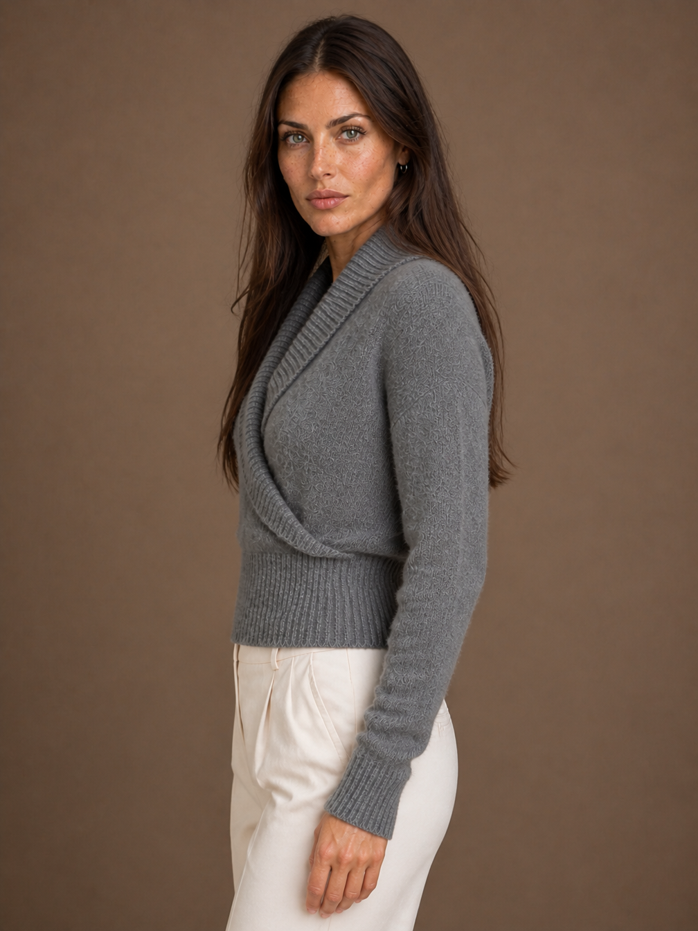 Women's Wrap Sweater with Shawl Collar, V-Neck and Ribbed Knit - Grey - Side View [AI-OPT:caacbee4-8144-4d5b-ab40-70ff30feae94]