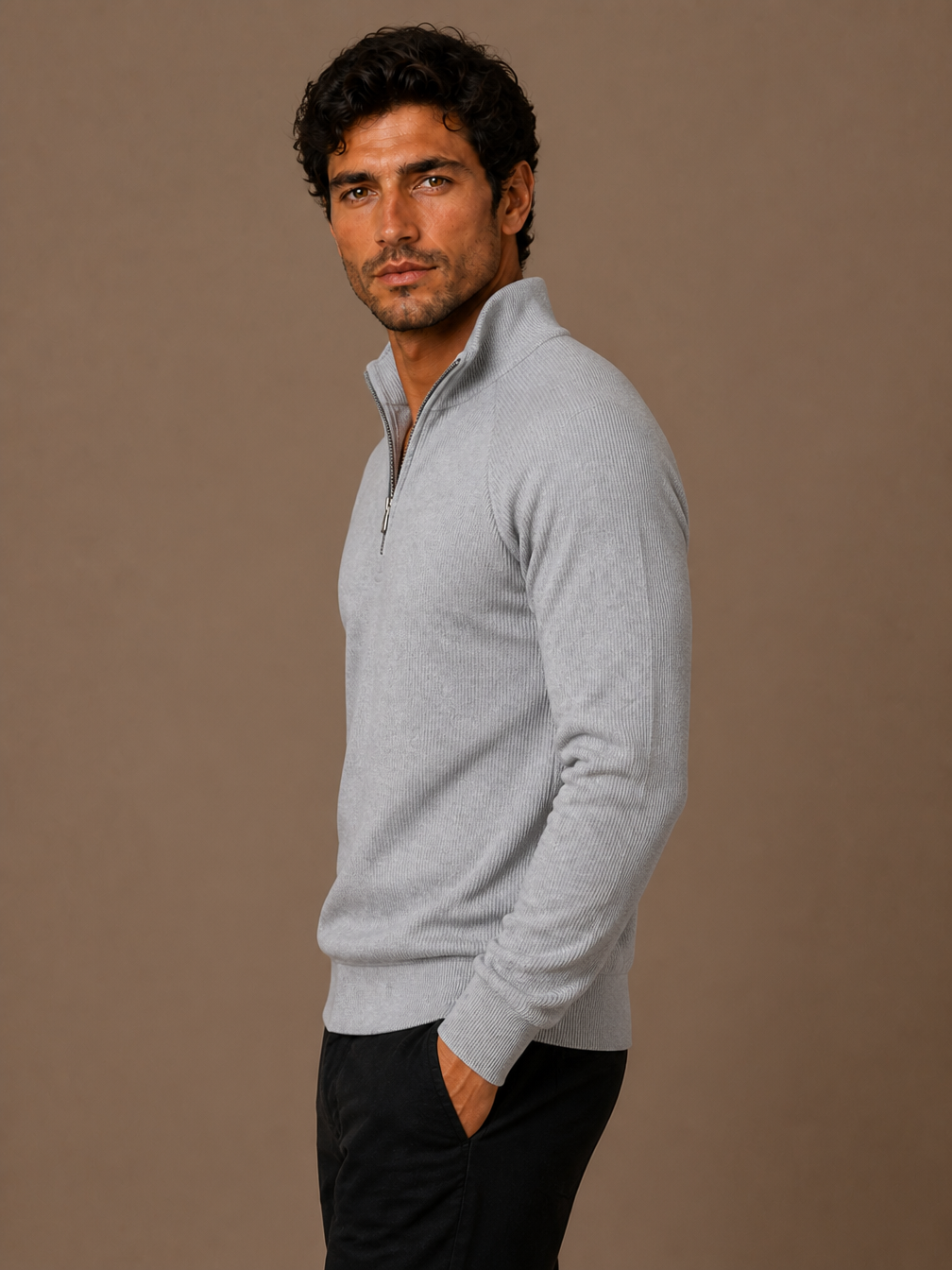Men's Quarter-Zip Fleece Sweatshirt with Stand Collar- Ribbed Texture Zipper Jumper - Grey - Side View [AI-OPT:4490b39b-1c90-44be-af1f-85e4a6f31462]