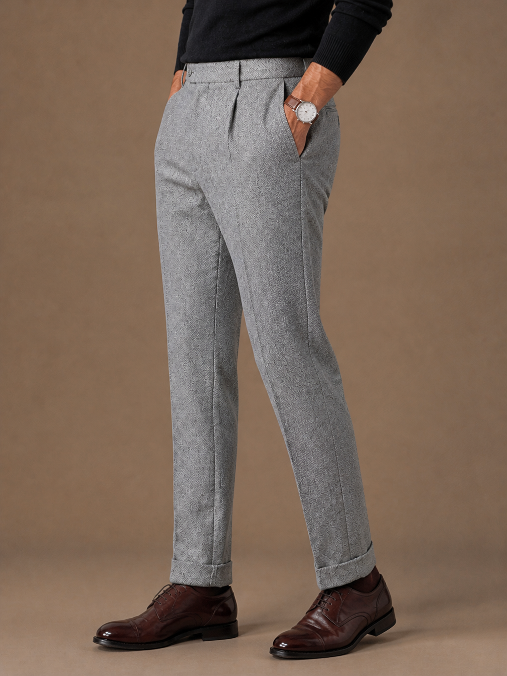 Men’s Tailored Fit Wool Trousers - Slim Fit Knit Pants for Casual Wear and Office - Grey - Side View [AI-OPT:8a2abd4e-513e-4a36-8c9f-73fd63f1a8f7]