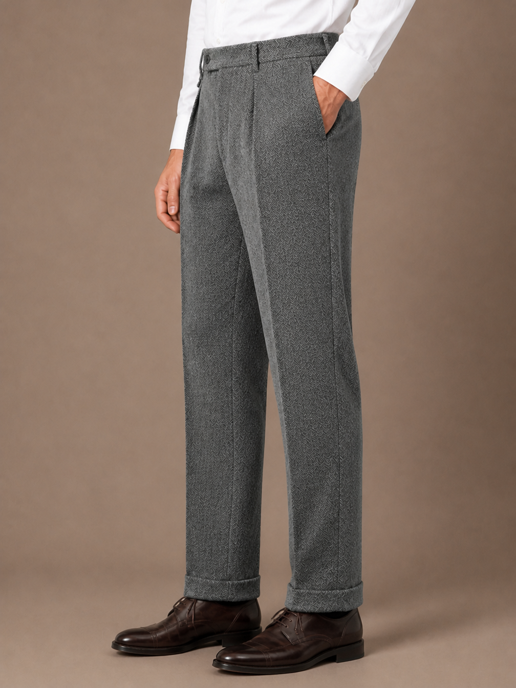 Men's Herringbone Pleated Tailored Trousers Straight Leg Smart Fit - Grey - Side View [AI-OPT:8786cbc2-cedd-4fc3-8623-79f8aaf9c959]