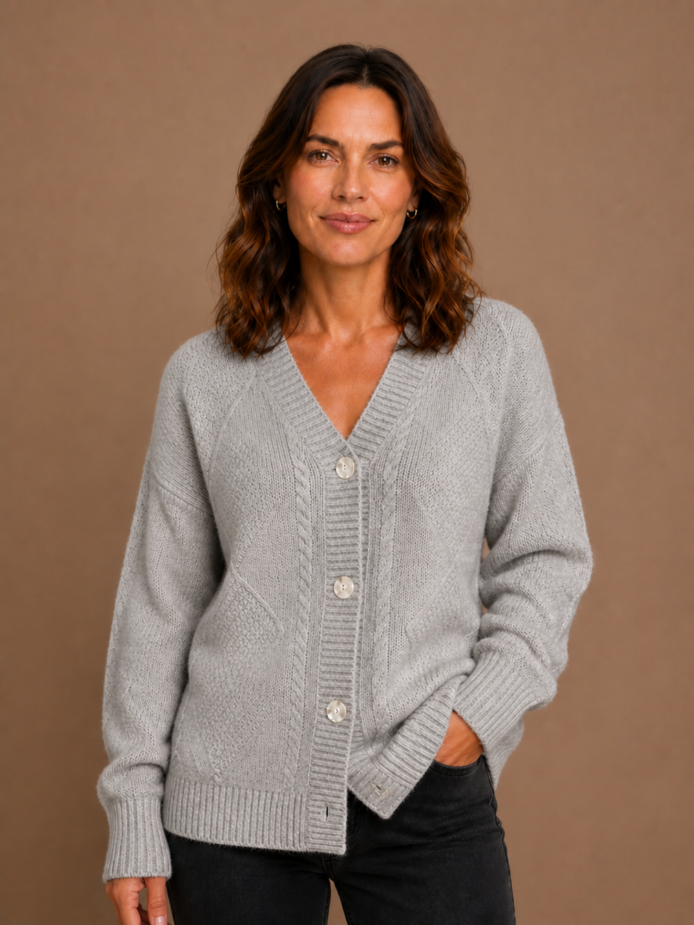 Women's Cashmere Cardigan, Chunky Cable Knit V-Neck Button-Front Long Sleeve Relaxed Fit - Gris
