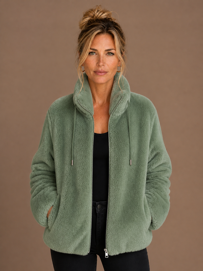 Women's Teddy Fleece Jacket with High Collar and Zip - Groen