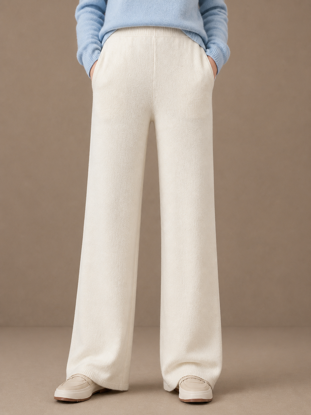 Women's 100% Merino Wool Wide-Leg Trousers with High Waist and Elasticated Waist - Ivory