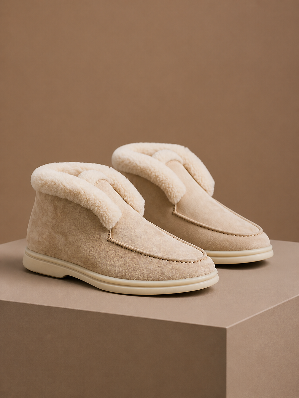Women's Shearling Suede Loafer - Moc Toe and Cushioned Sole Fleece Boots - Ivory