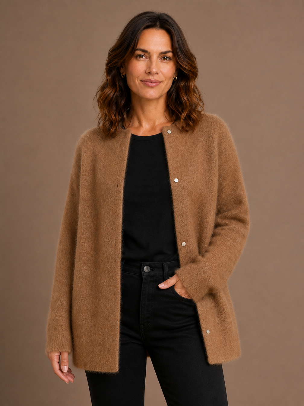 Women's Longline Open Front Cardigan in Brushed Knit with Dropped Shoulders - Karmelowy