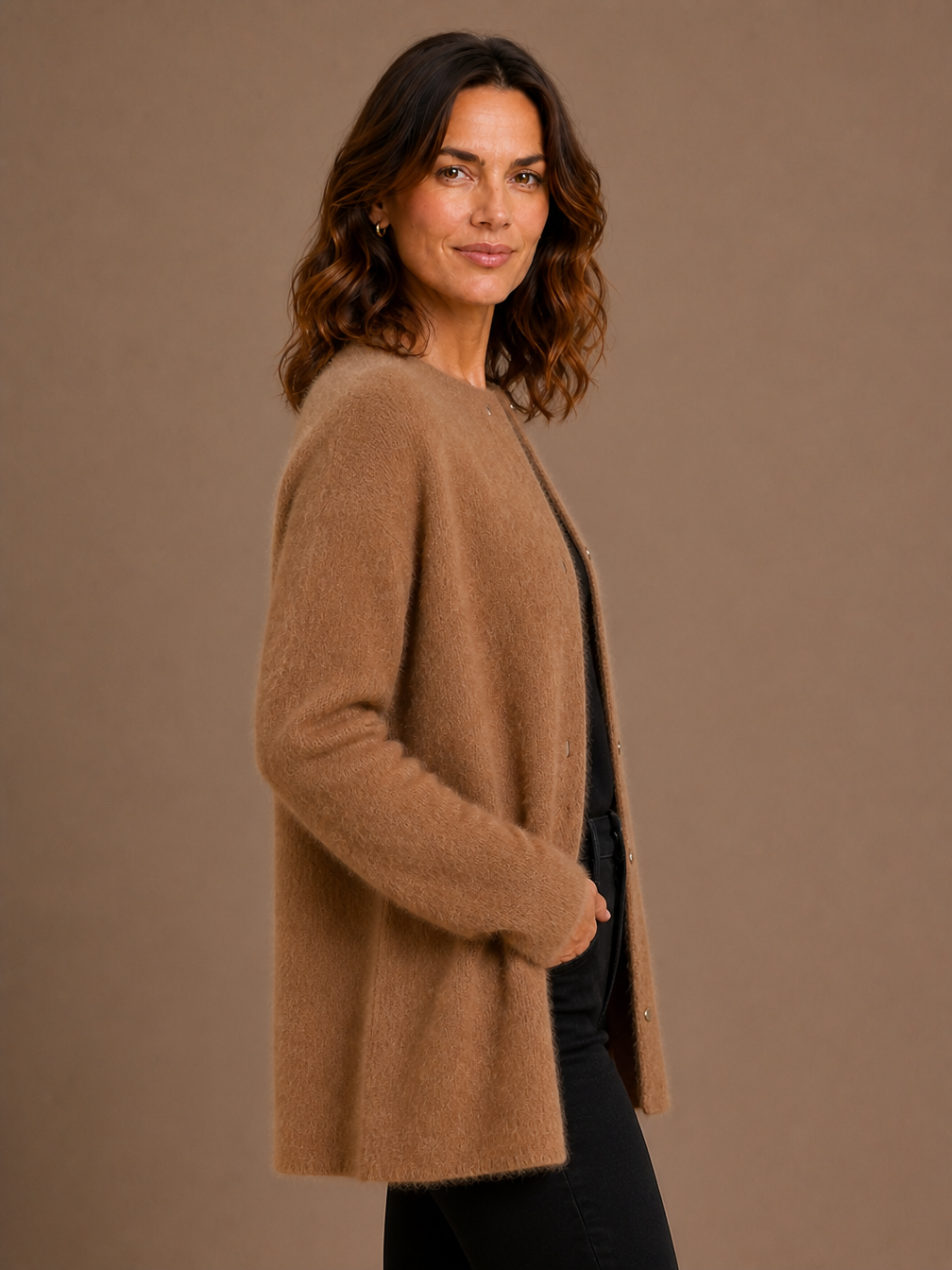 Women's Longline Open Front Cardigan in Brushed Knit with Dropped Shoulders - Karmelowy - Side View [AI-OPT:4937e721-4df9-4853-8982-9e92b641ffca]