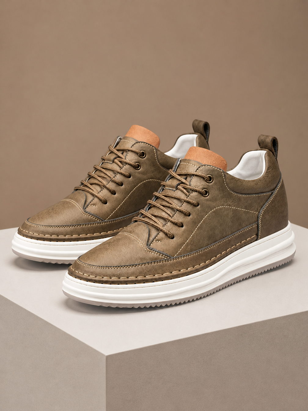 Men’s Leather Look Platform Trainers – Lace-Up Low-Top Casual Shoes - Khaki
