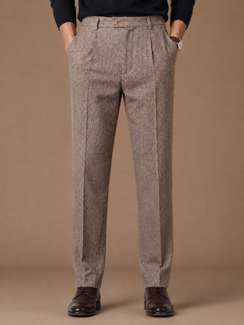 Men’s Tailored Fit Wool Trousers - Slim Fit Knit Pants for Casual Wear and Office - Khaki