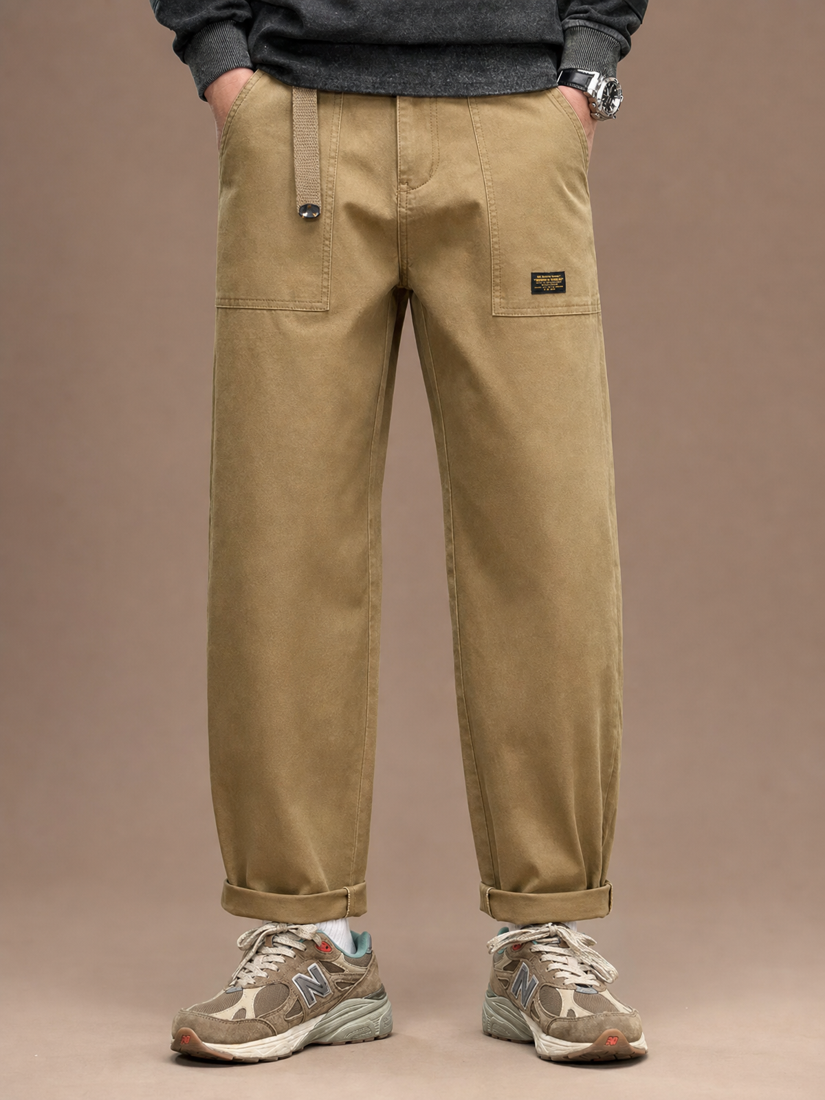 Men's Wide-Leg Cargo Trousers with Pleated Waist and Flap Pockets - Khaki