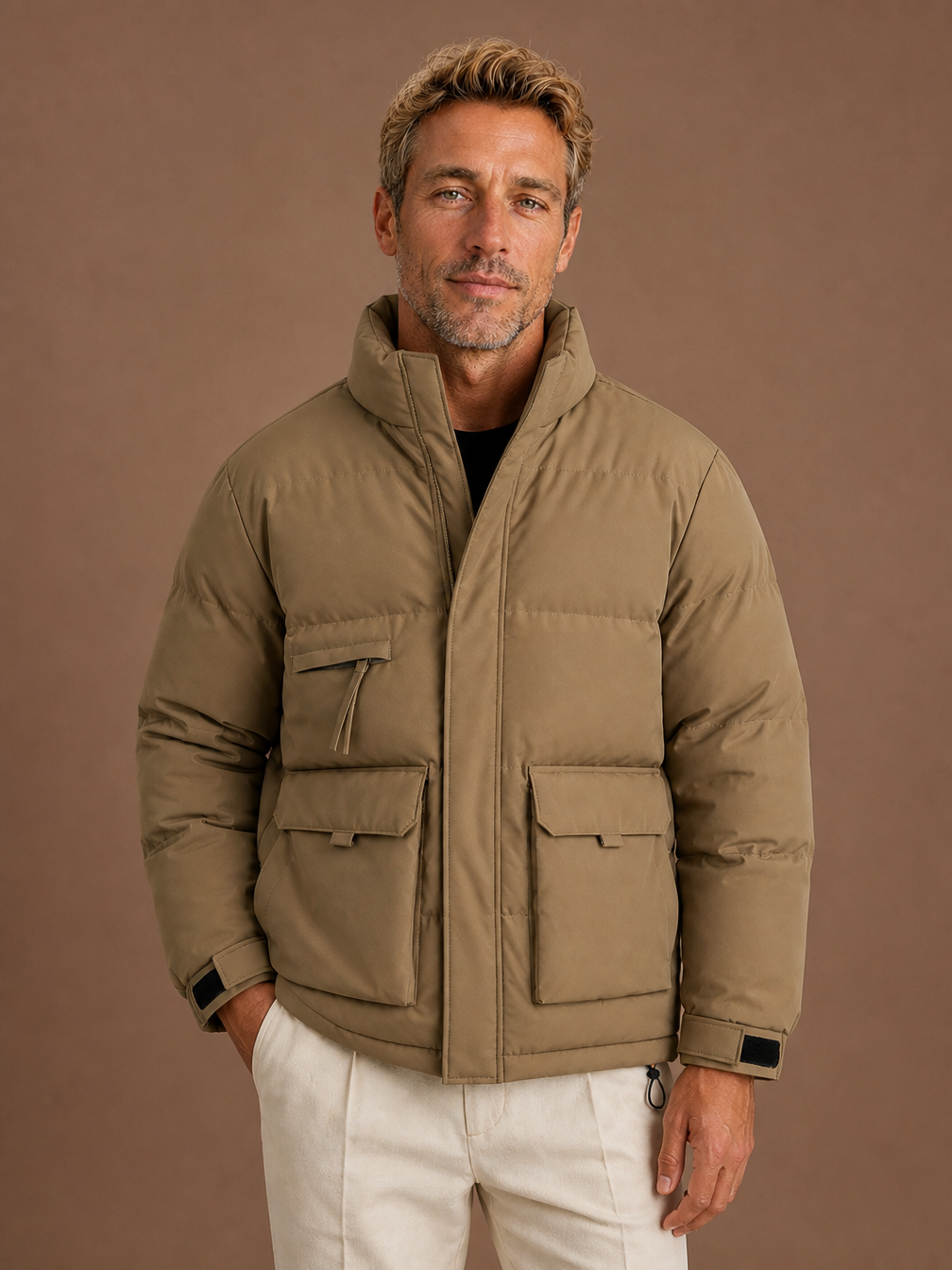 Men's High-Neck Puffer Jacket Winter Coat - Khaki
