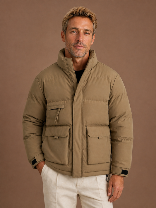 Men's High-Neck Puffer Jacket Winter Coat - Khaki