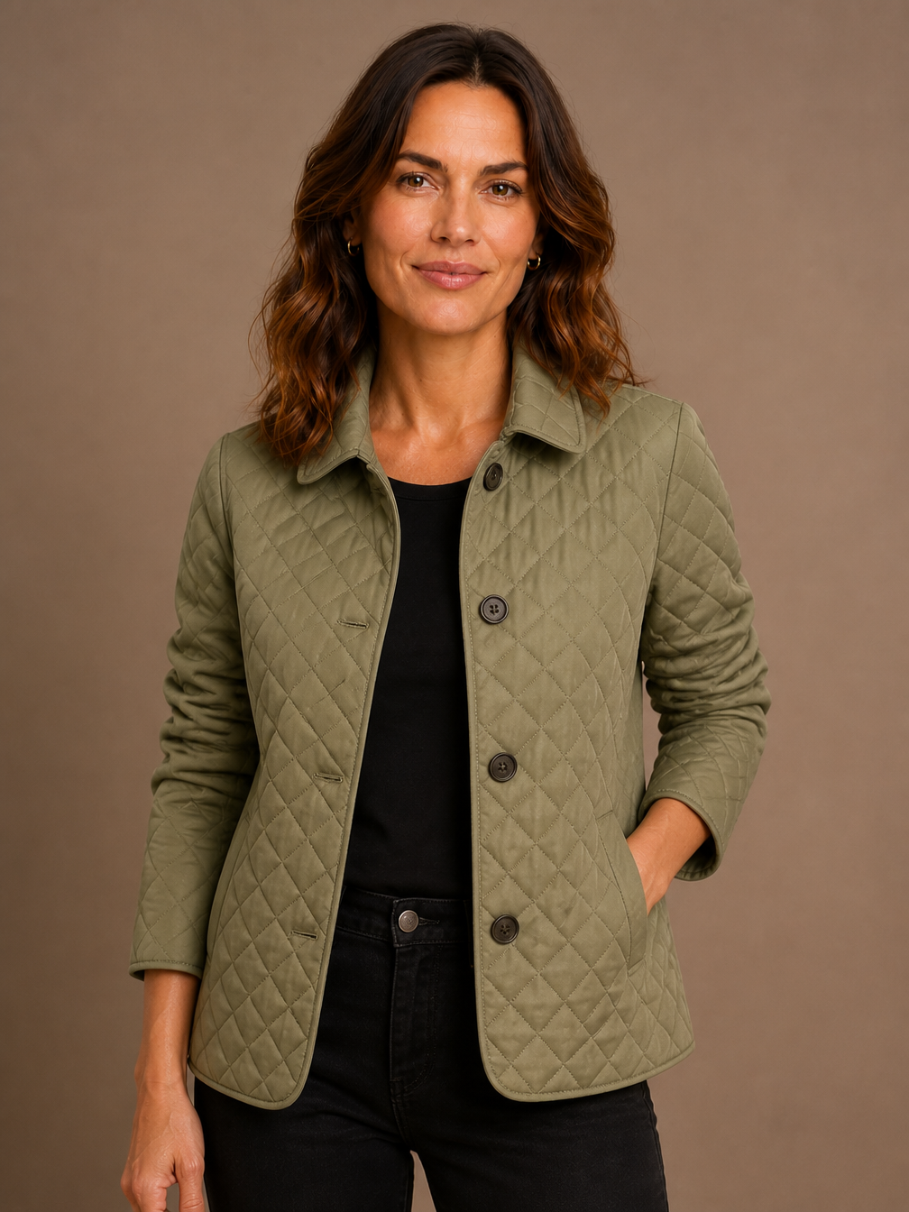 Women's Lightweight Quilted Jacket with Lapel Collar and Relaxed Fit - Khaki