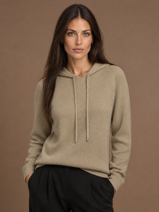 Women's Ribbed Cashmere Hoodie with Adjustable Drawstring - Khaki