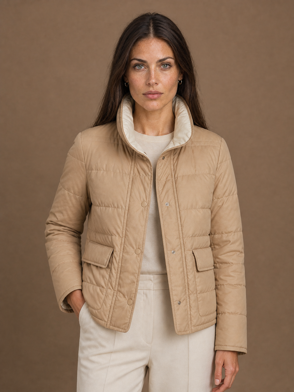 Women's Reversible Quilted Duck Down Jacket with Snap Buttons - Khaki