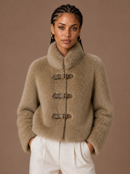 Women's Faux Fur Jacket, High Neck Cropped Winter Coat with Buckle Front - Khaki