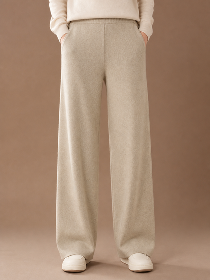 Women's 100% Merino Wool Wide-Leg Trousers with High Waist and Elasticated Waist - Khaki