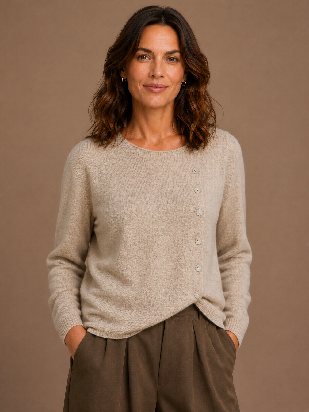 Women's Asymmetric Button Cashmere Sweater - Long Sleeve Lightweight Breathable Knit Cardigan - Khaki