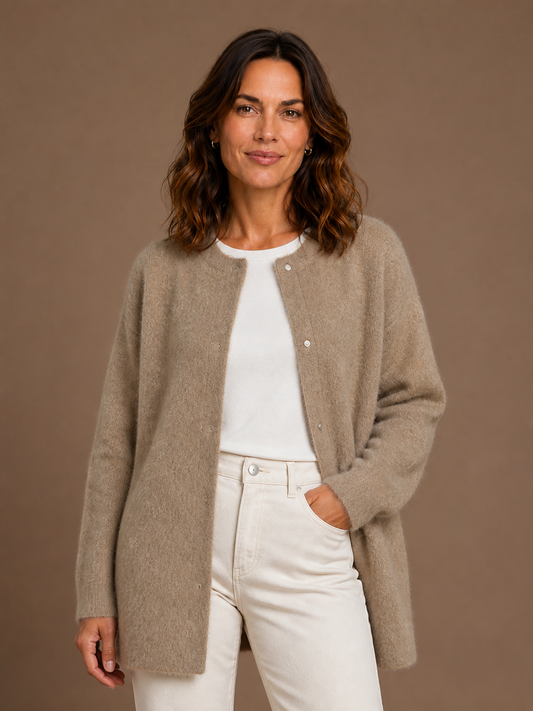 Women's Longline Open Front Cardigan in Brushed Knit with Dropped Shoulders - Khaki-brązowy