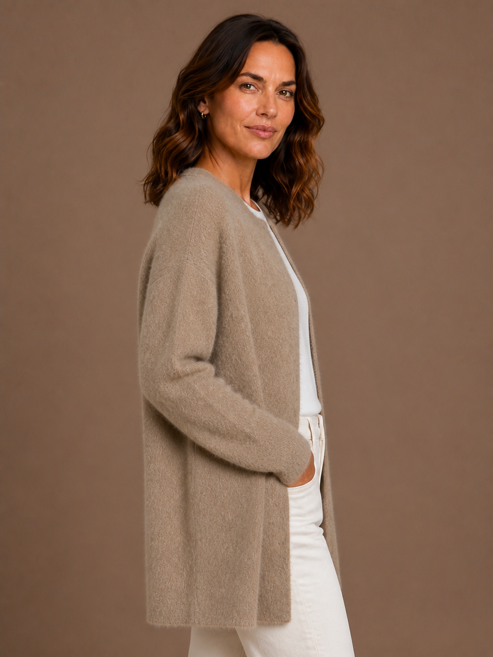 Women's Longline Open Front Cardigan in Brushed Knit with Dropped Shoulders - Khaki-brązowy - Side View [AI-OPT:efd77d2d-7bcb-4779-a5e8-3a4d91ae507b]