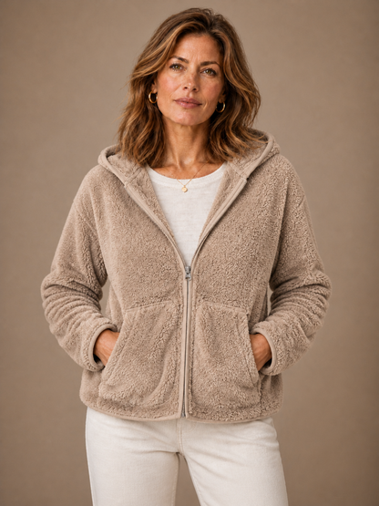 Women's Plush Fleece Hoodie Jacket with Zip Closure and Deep Side Pockets - Khaki