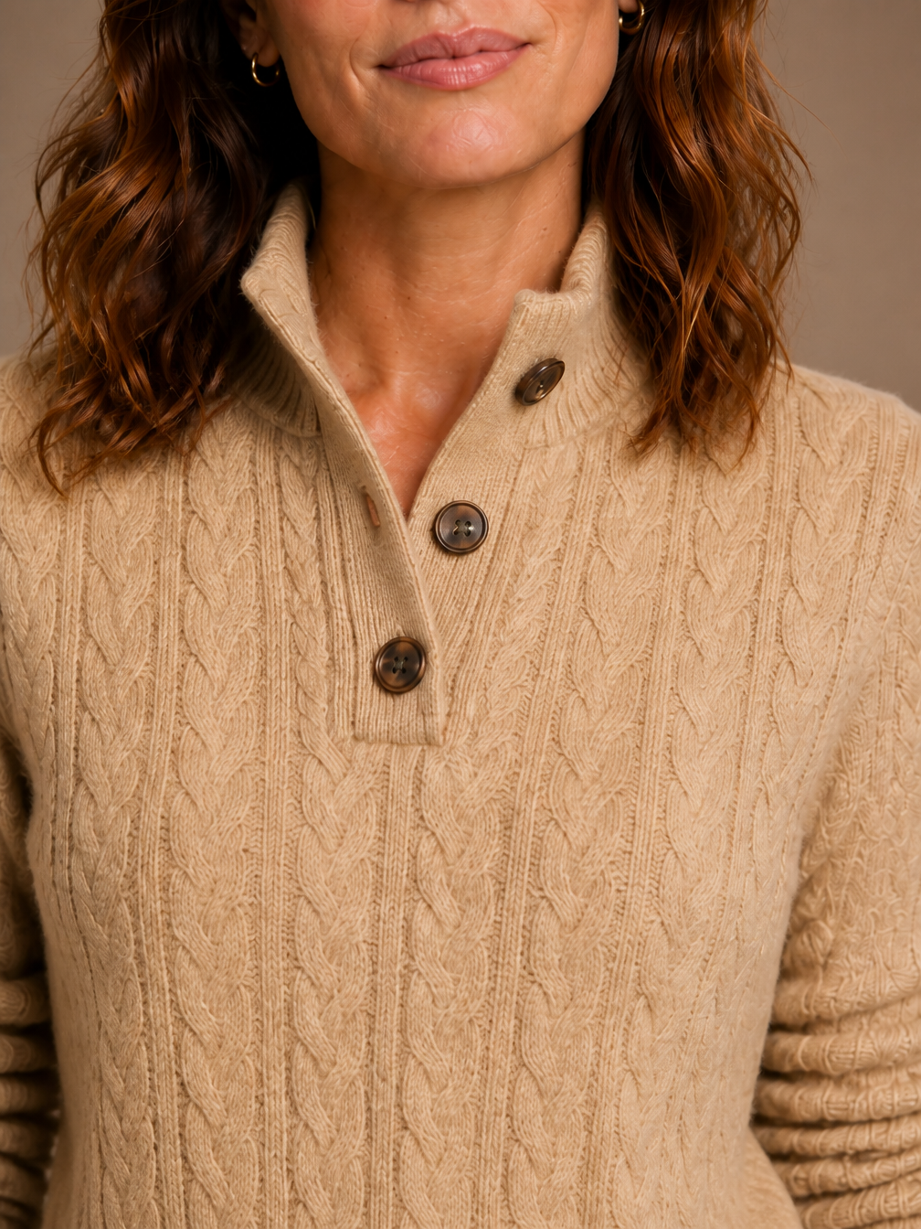 Women's Thick Cable-Knit Button-Up Sweater - Cashmere Blend Sweater with Stand Collar - Khaki - Detail Close-Up [AI-OPT:715904be-d83b-42a6-bbdc-07e43c4e4777]