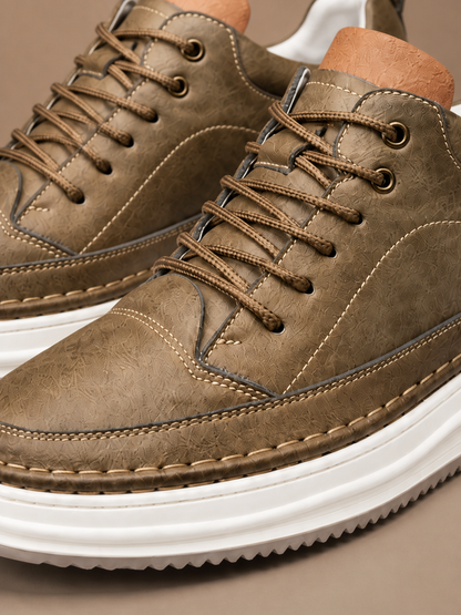 Men’s Leather Look Platform Trainers – Lace-Up Low-Top Casual Shoes - Khaki - Detail Close-Up [AI-OPT:c48389ff-e224-4ff4-b63a-749ff5d39881]