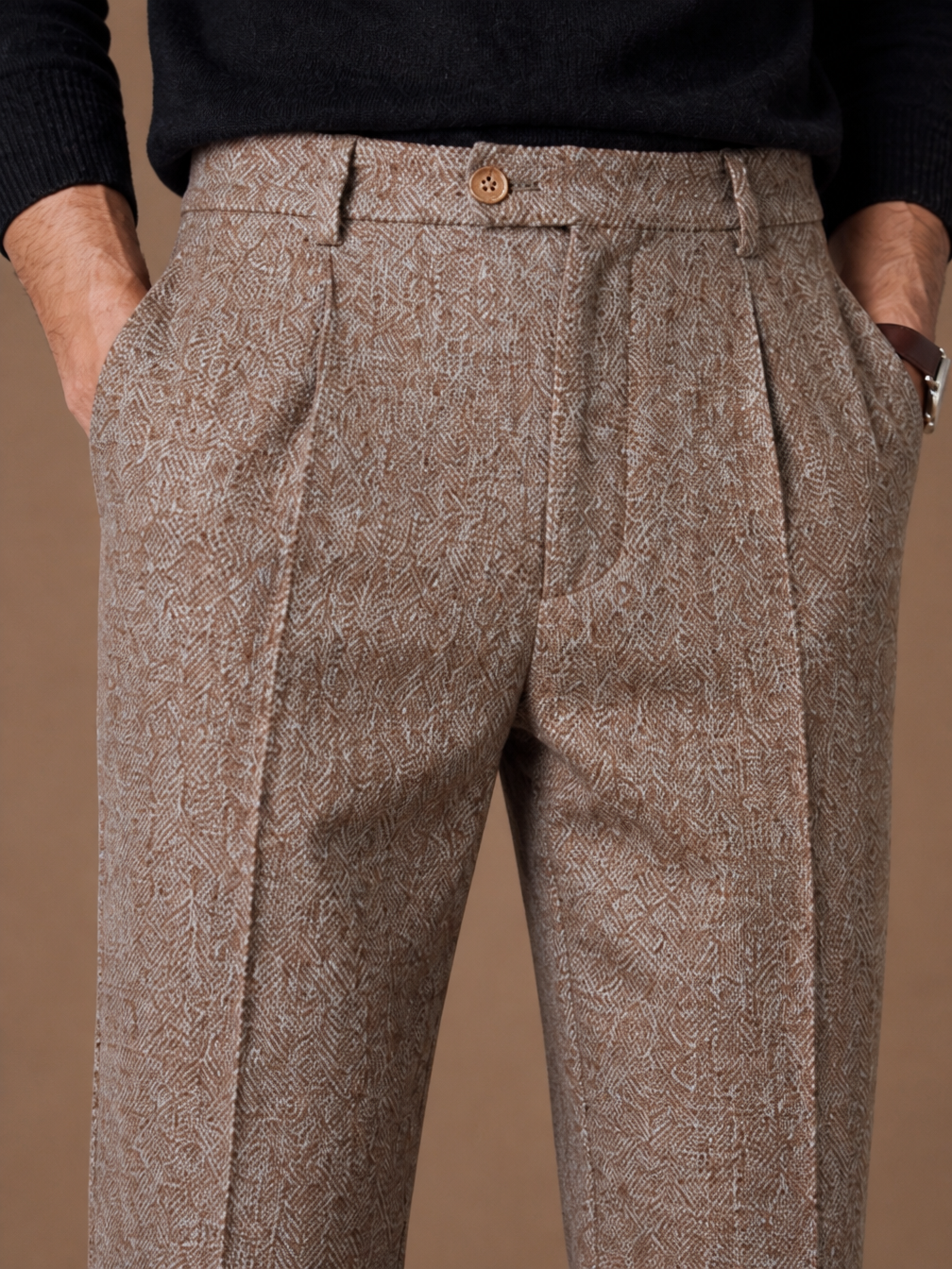 Men’s Tailored Fit Wool Trousers - Slim Fit Knit Pants for Casual Wear and Office - Khaki - Detail Close-Up [AI-OPT:9c6e7472-839a-4e85-96a5-fad02410848d]