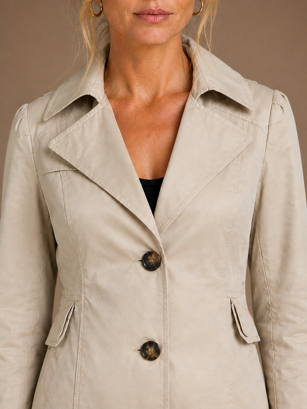 Women's Tailored Trench Coat - Elegant Tied Classic Short Coat with Classic Lapel Collar and Button Fastening - Khaki - Detail Close-Up [AI-OPT:0c456884-618e-441a-b638-05d8acf49071]