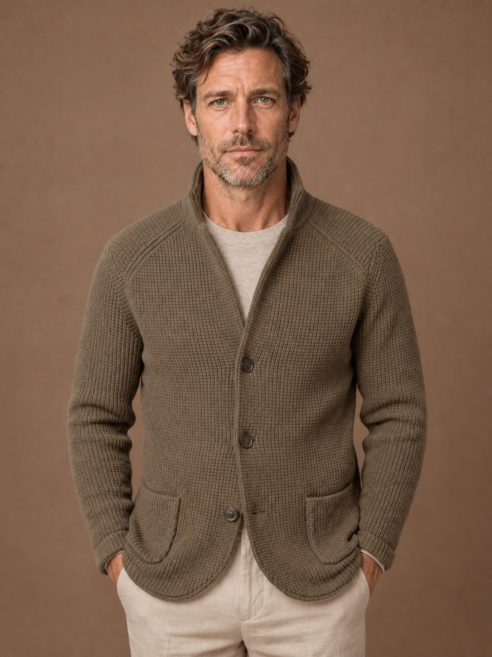 Men's Knitted Cardigan - Button up Knit Sweater with Stand Collar - Khaki