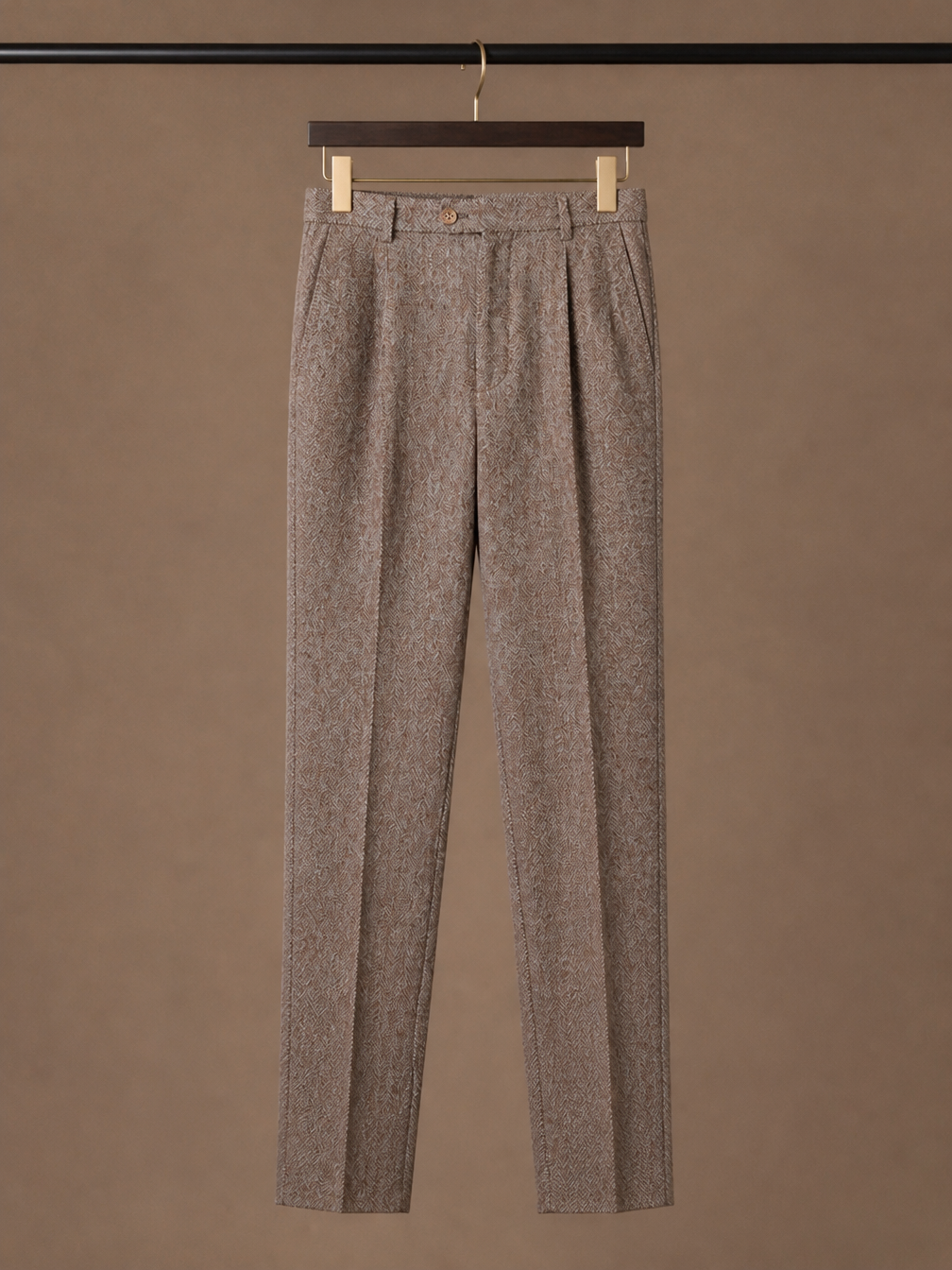 Men’s Tailored Fit Wool Trousers - Slim Fit Knit Pants for Casual Wear and Office - Khaki - Hanger View [AI-OPT:6831291f-b446-4cef-a5d1-7b09f0fa142a]