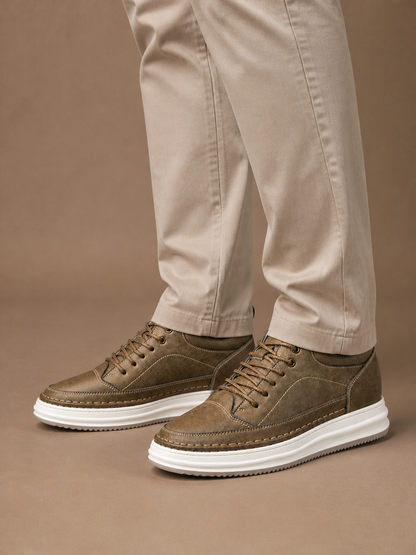 Men’s Leather Look Platform Trainers – Lace-Up Low-Top Casual Shoes - Khaki - On-Foot View [AI-OPT:f85196f9-296e-4ada-83b3-6a8f01fd8446]