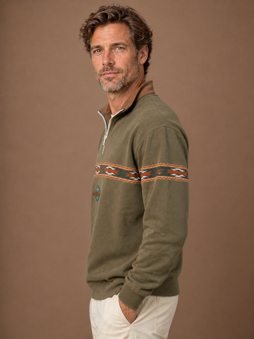 Men’s Zip Through Knitted Jumper with Retro Style - Comfortable Fit Sweater for Autumn and Winter - Khaki - Side View [AI-OPT:7bb9482f-ebf2-48c1-9183-bc449b7fbfe9]