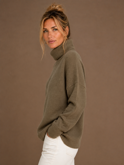 Women's Oversized Turtleneck Wool Jumper - Knitted High Neck Winter Sweater - Khaki - Side View [AI-OPT:9a813424-d72a-4401-9c7a-146fe1b3a55e]