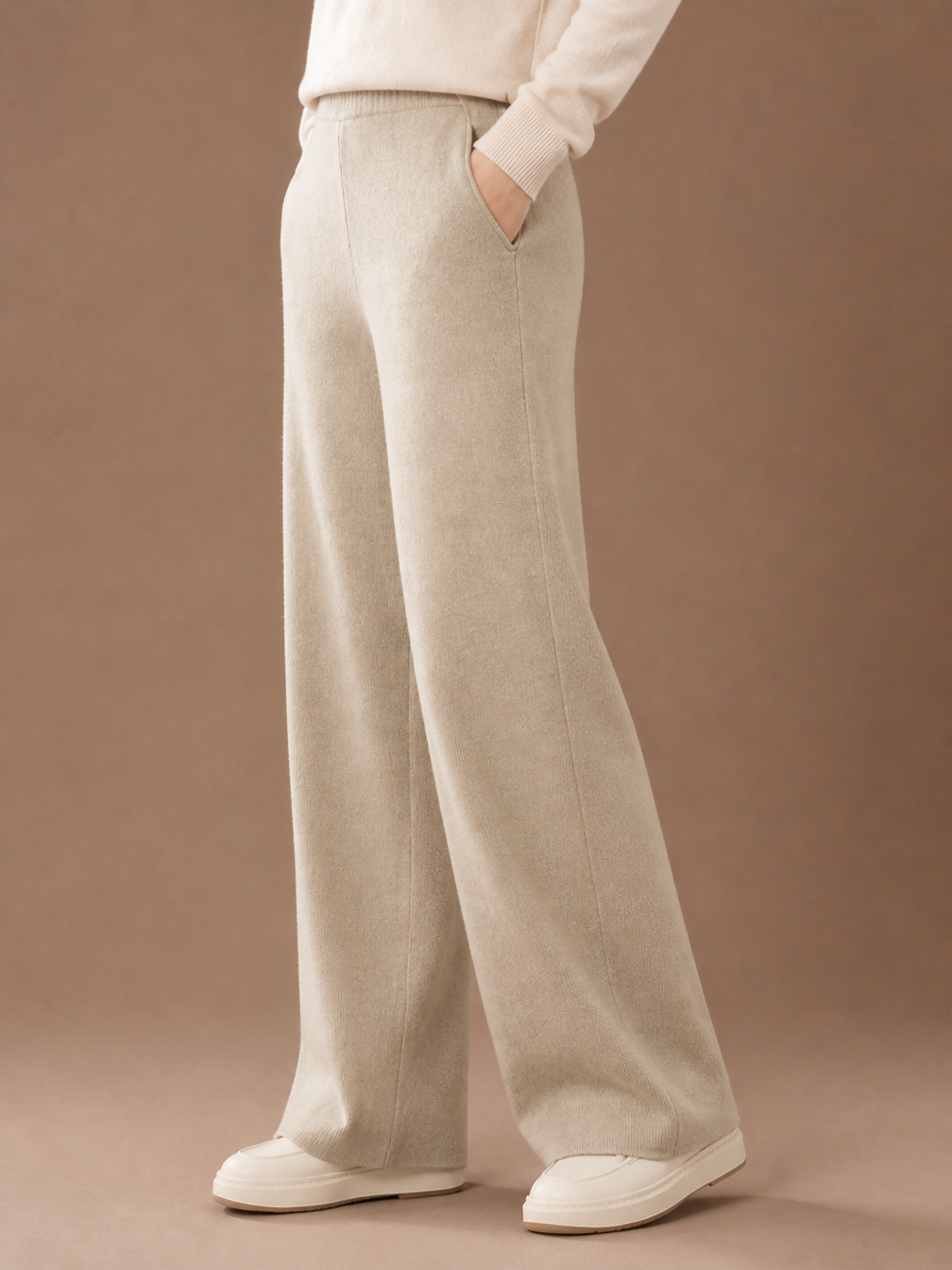 Women's Wool Wide-Leg Trousers - High Elasticated Waist Pants - Khaki - Side View [AI-OPT:2d01b70f-caf3-4f53-87b9-41b00f6d0ecd]