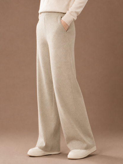Women's Wool Wide-Leg Trousers - High Elasticated Waist Pants - Khaki - Side View [AI-OPT:2d01b70f-caf3-4f53-87b9-41b00f6d0ecd]