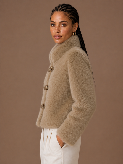 Women's Faux Fur Jacket, High Neck Cropped Winter Coat with Buckle Front - Khaki - Side View [AI-OPT:b951bbdc-4e34-4bc0-ab35-9b139f165d0c]