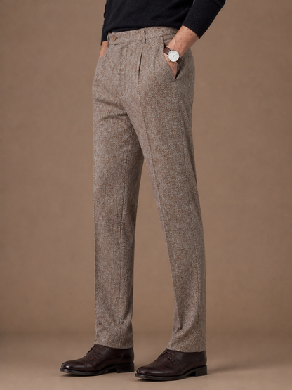 Men’s Tailored Fit Wool Trousers - Slim Fit Knit Pants for Casual Wear and Office - Khaki - Side View [AI-OPT:29ef7933-5570-4ffd-b6ab-578bb9f96b1b]