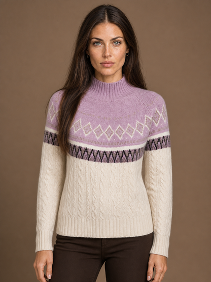 Women's Fair Isle Cashmere Sweater with Patterned Knit and Regular Fit - Lavender