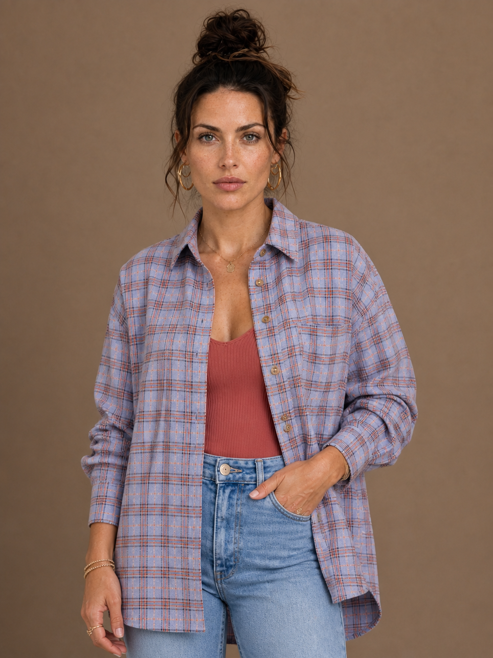 Women’s Plaid Flannel Shirt Oversized Fit Button Front Lantern Sleeves - Lavender