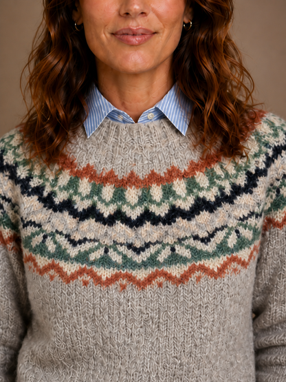 Women's Nordic Knit Sweater - Relaxed Fit Traditional Scandi Jumper - Light Ash Mix - Detail Close-Up [AI-OPT:2d2a701c-db10-4d45-b9cf-bc90a521ba82]