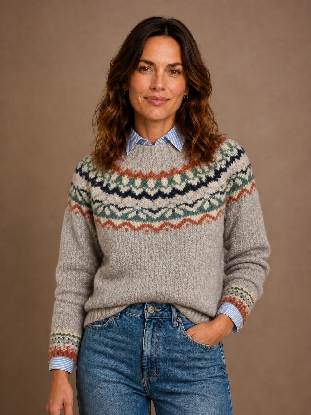 Women's Nordic Knit Sweater with Relaxed Fit and Ribbed Cuffs - Light Ash Mix
