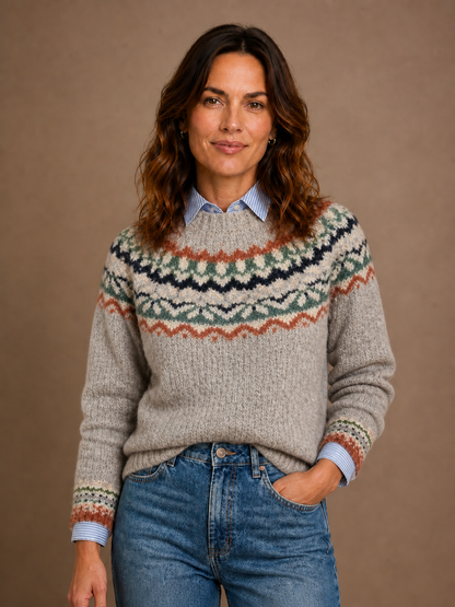 Women's Nordic Knit Sweater with Relaxed Fit and Ribbed Cuffs - Light Ash Mix