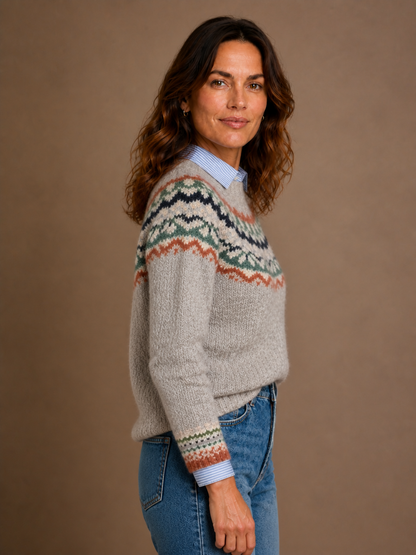 Women's Nordic Knit Sweater - Relaxed Fit Traditional Scandi Jumper - Light Ash Mix - Side View [AI-OPT:1948c5b8-d7bc-475c-817c-7f019f3e4f26]